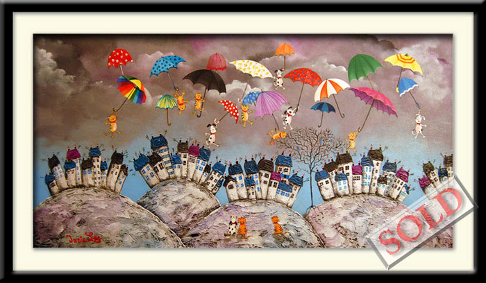 Raining Cats & Dogs - original art by Josie Lee
